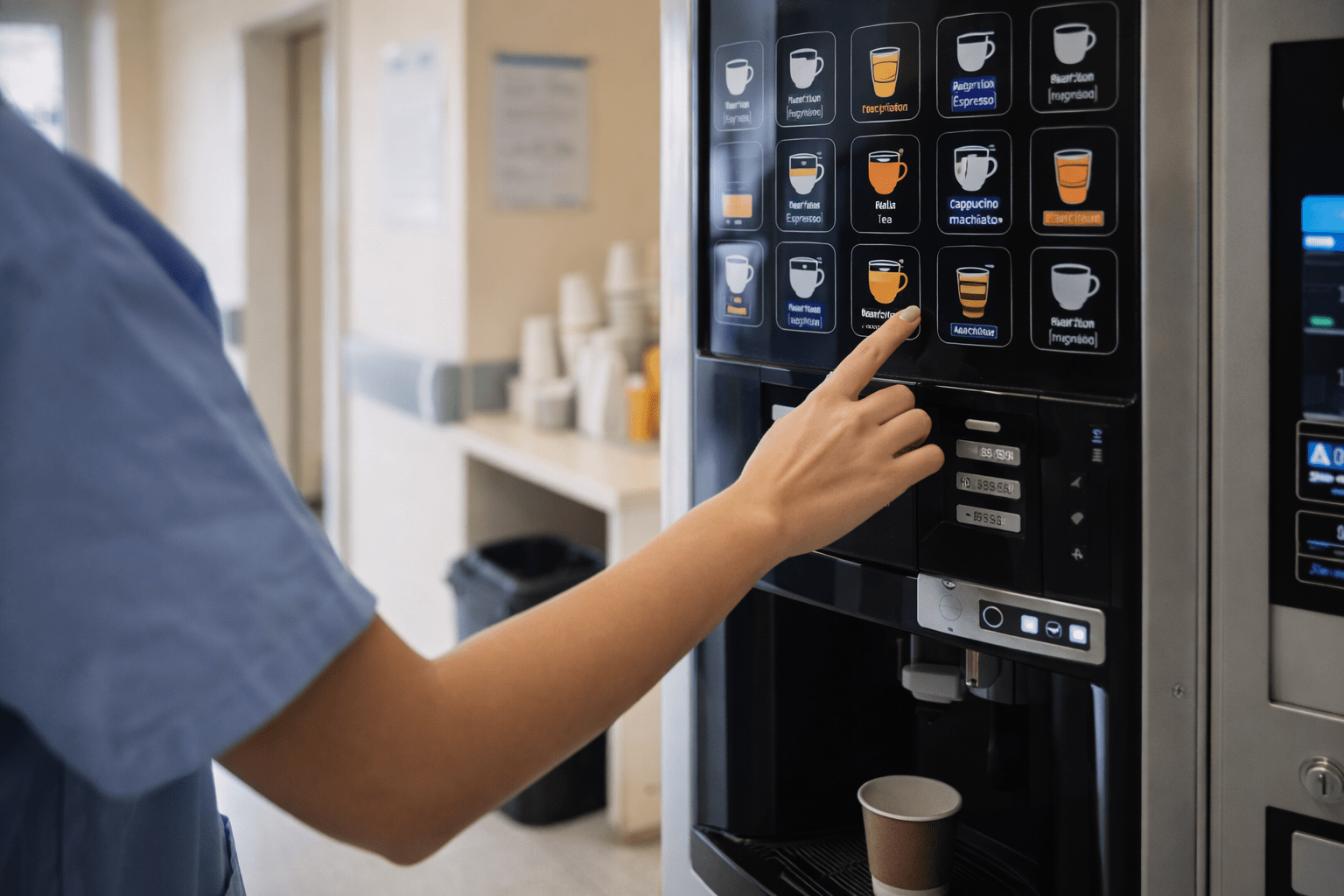 Mano su macchina del caffè ospedaliera